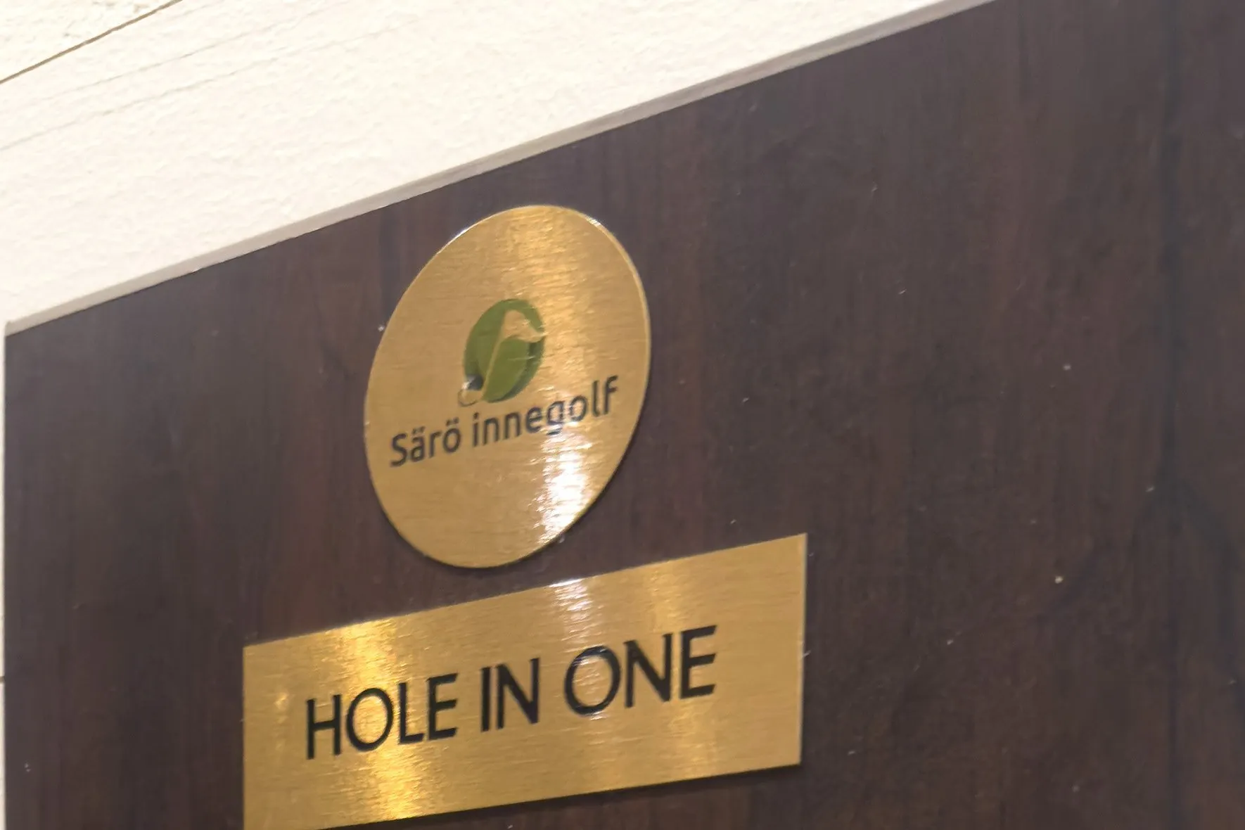 Toppen av hole-in-one-tavlan i studion: mörk träplatta med Särö Innegolfs märke och en mässingsskylt med texten Hole in one.